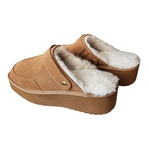 Joyspun Brown Suede Platform Slippers Plush Fur Lined NWT Womens Size 10